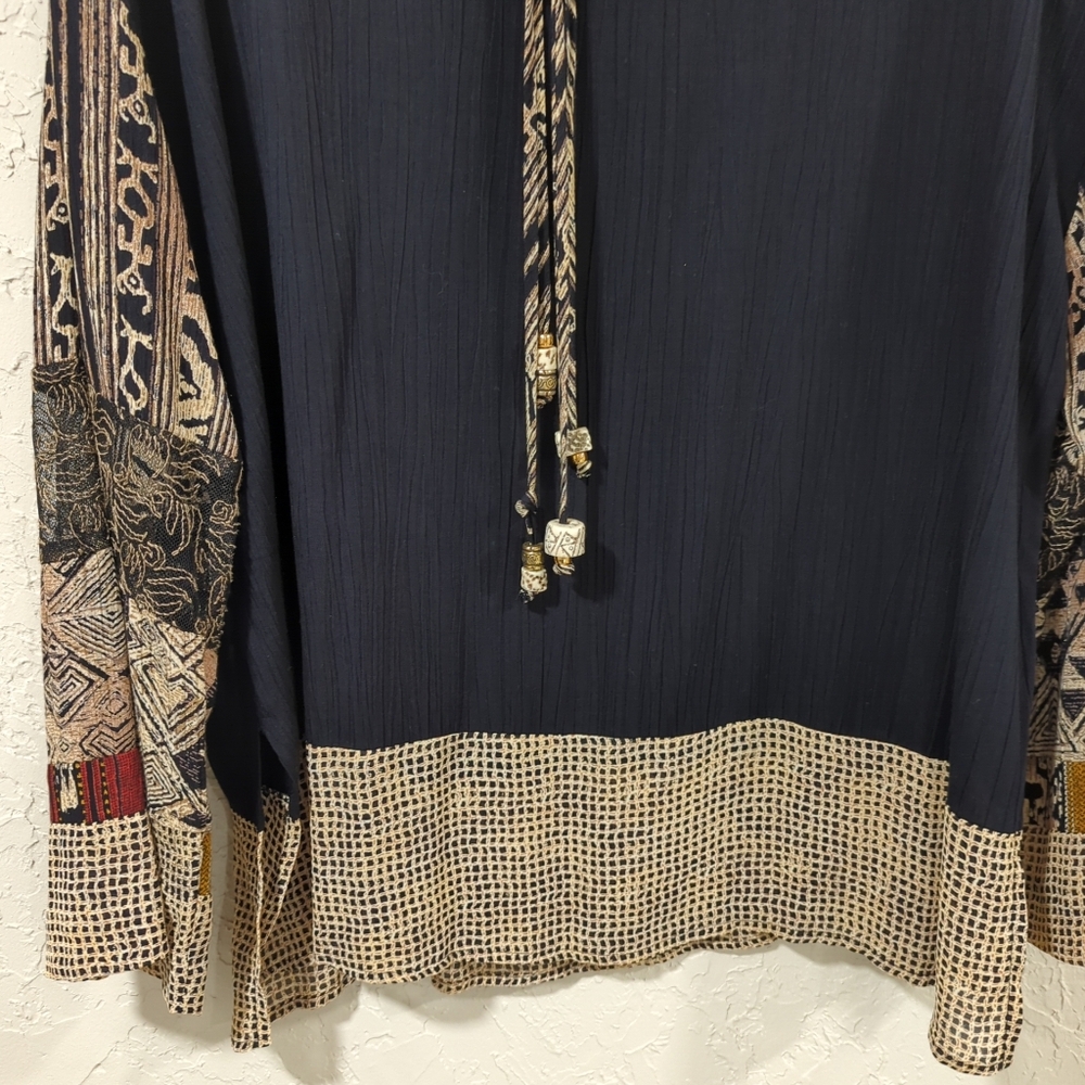 Vintage Carole Little Black and Tan Patterned Blouse - Women's 16 Tribal Animal - Picture 5 of 14